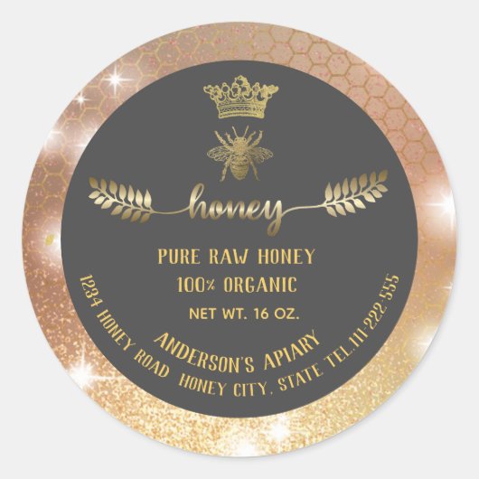 スパーッモダンク金ゴールドビークラウンハニカムハチミツ瓶 ラウンドシール (正面)