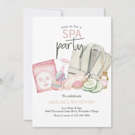 スパ誕生日、任意の年齢、誕生日、スパパーティー 招待状 (正面)