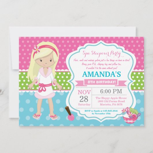 スパ スリープオーバー スランバー 誕生日パーティー 招待状 (正面)