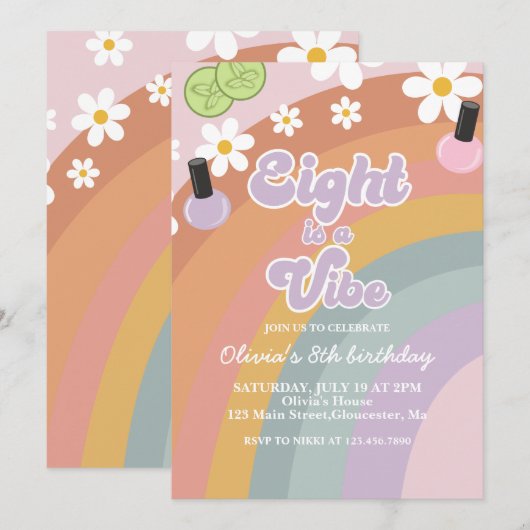 スパ レインボー 8歳の誕生日 Eight is a vibe 招待状 (正面/裏面)