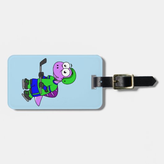 スピノサウルスのホッケー選手のイラストレーション。 ラゲッジタグ (正面横)