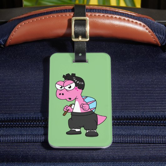 スピノサウルス・ブルース・リーのイラストレーション。 ラゲッジタグ (正面インサイチュ2)