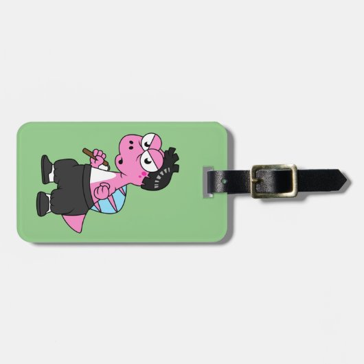 スピノサウルス・ブルース・リーのイラストレーション。 ラゲッジタグ (正面横)