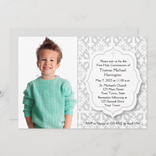 スピリチュアルグレイ・ダマスク、写真 招待状 (正面/裏面)