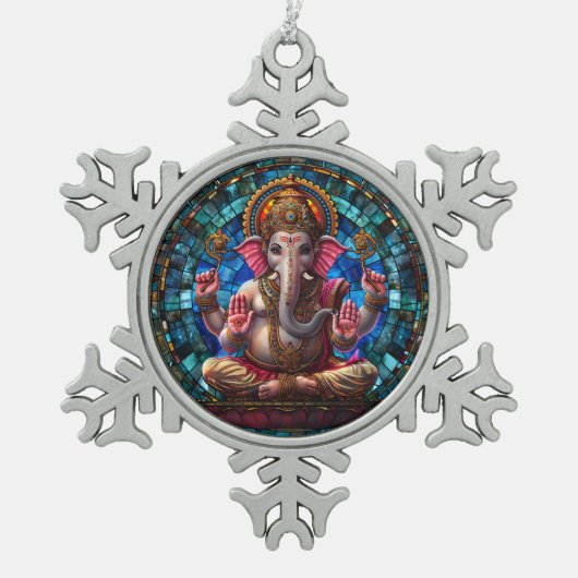スピリチュアルヒンドゥー教の神ガネシャ宗教ヒンドゥー教の神 スノーフレークピューターオーナメント (正面)