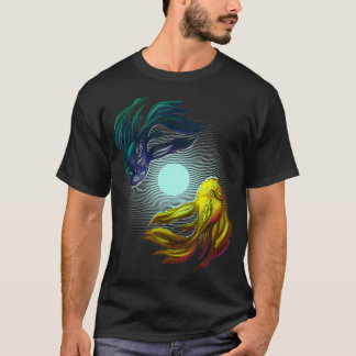 スピリチュアルブルーとイエローの禅コイ魚in月 tシャツ