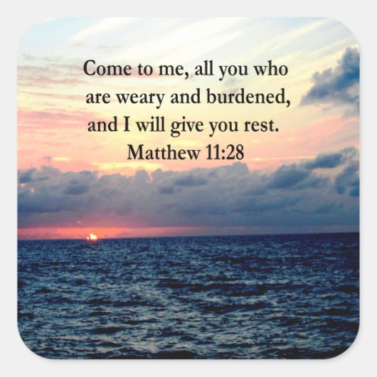 スピリチュアルマタイ11:28日の出の聖なる書物、 経典写真 スクエアシール (正面)