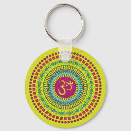 スピリチュアルマンダラオムシンボルピンクグリーン幾何学模様 キーホルダー