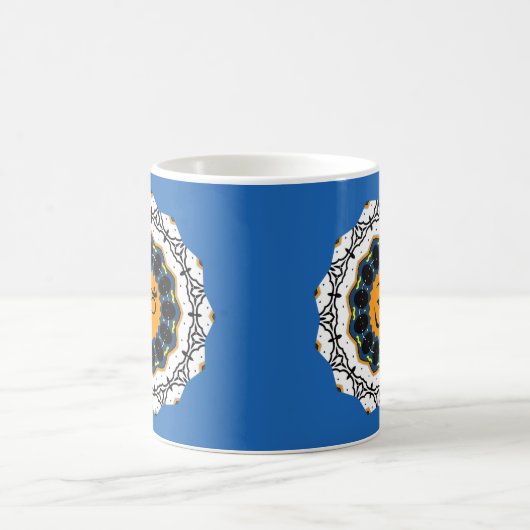 スピリチュアルマンダラヨガオムシンボルブルージオメトリック コーヒーマグカップ (中央)