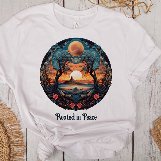 スピリチュアルヴィンテージ「平和に根ざした」木々の夕日 Tシャツ