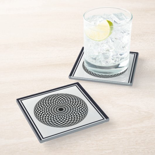 スピリチュアル白黒マンダラジオメトリックオリエンタル ガラスコースター (アングル)