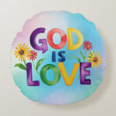 スピリチュアル神は愛ブルーイエローデイジー花モ ラウンドクッション (正面)