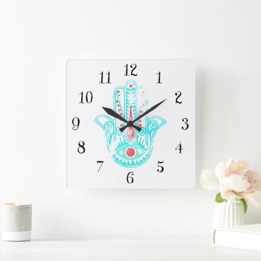 スピリチュアル赤ティール（緑がかった色）水の色ハンサハンドオブファティマ スクエア壁時計 (ホーム)