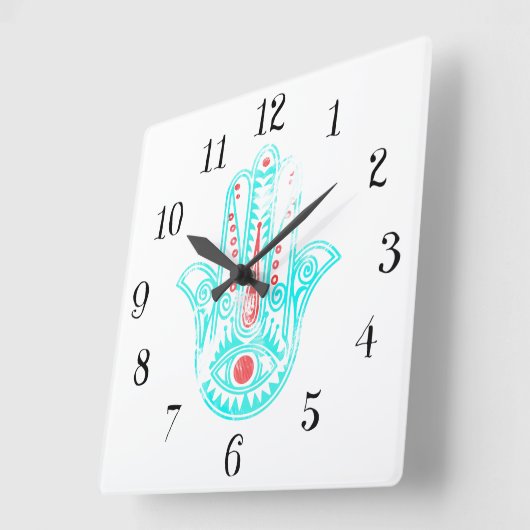 スピリチュアル赤ティール（緑がかった色）水の色ハンサハンドオブファティマ スクエア壁時計 (傾斜)