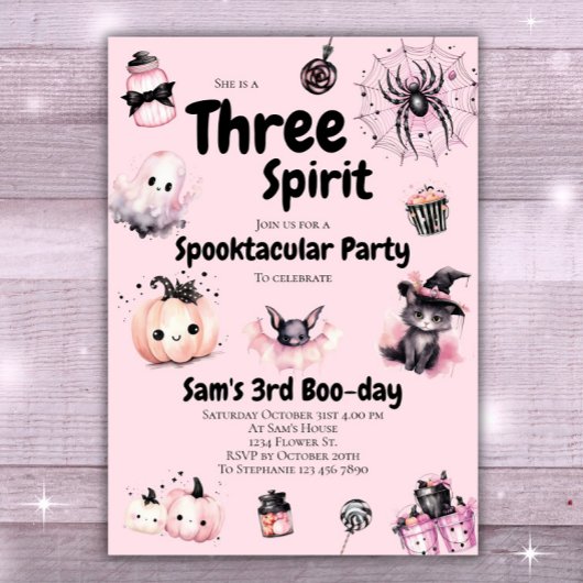 スピリットガールかわいいピンクのハロウィーン3回目の誕生日 招待状