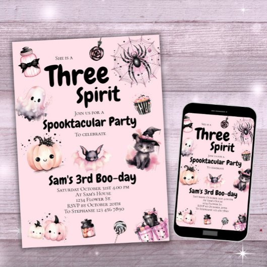 スピリットガールかわいいピンクのハロウィーン3回目の誕生日 招待状