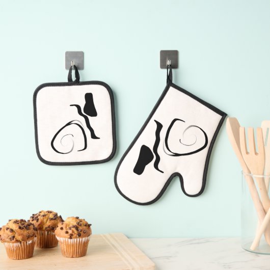 スピンサイクル：抽象芸術ブラック&ホワイト 鍋つかみ&鍋敷きセット (インサイチュ (吊り下げ))