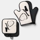 スピンサイクル：抽象芸術ブラック&ホワイト 鍋つかみ&鍋敷きセット (正面/裏面)