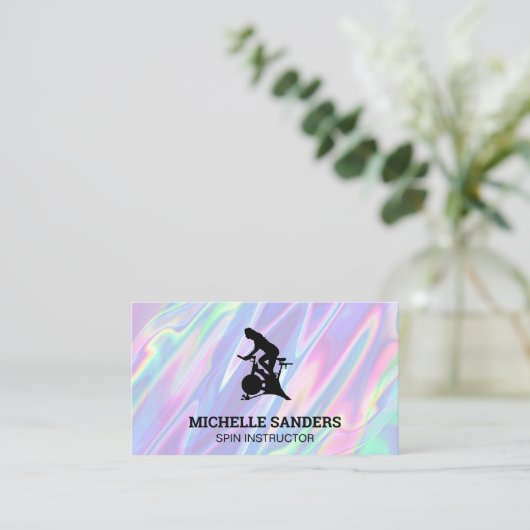 スピンバイク | レインボーメタリック液体の背景 名刺 (スタンド正面)