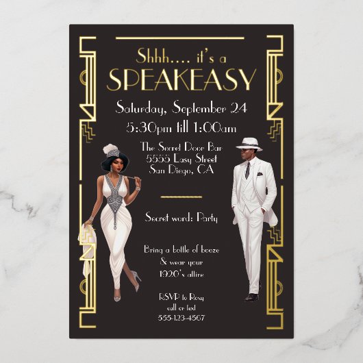 スピーカーシーフラッパーパーティーアフリカンアメリカン・ブラック 箔招待状 (正面)