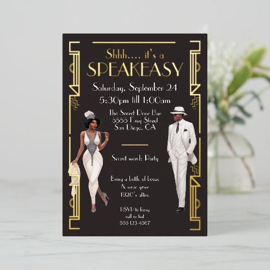 スピーカーシーフラッパーパーティーアフリカンアメリカン・ブラック 箔招待状 (立ち正面)