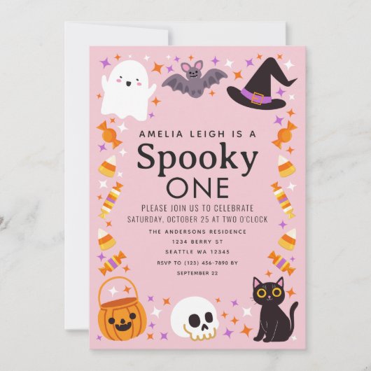 スピーキー・ワン ハロウィーン ガールズ 1歳の誕生日 招待状 (正面)