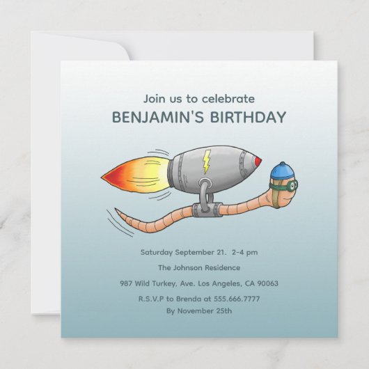 スピーディロケットワーム誕生日招待状 招待状 (正面)