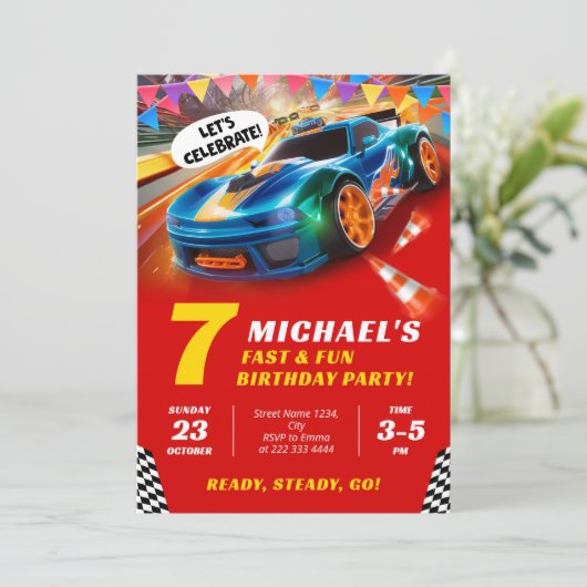 スピーディーなレースカーの誕生日パーティー 招待状 (スタンド正面)
