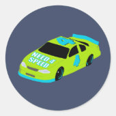 スピードが4倍のレースカー男子4歳誕生日パーティー ラウンドシール (正面)