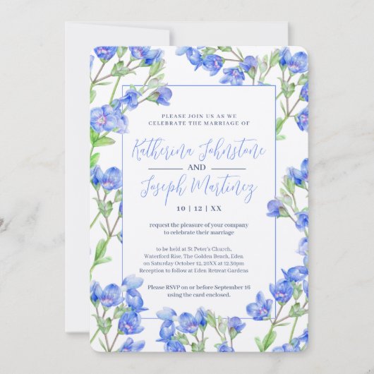 スピードウェル青い水色の植物花結婚の花 招待状 (正面)