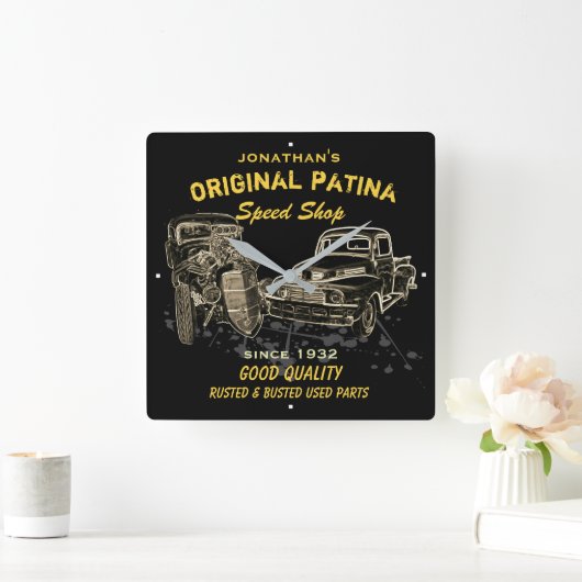 スピードショップ任意の名前オリジナルパティナガレージおもしろい スクエア壁時計 (ホーム)