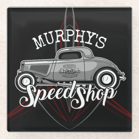 スピードショップ改造名前をカスタムするピンスリップガレージ ガラスコースター (正面)