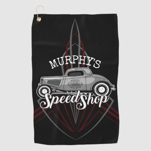 スピードショップ改造名前をカスタムするピンスリップガレージ ゴルフタオル (正面)