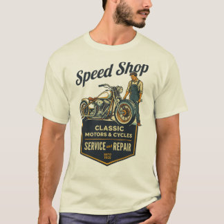 スピードショップ - クラシックモーター＆サイクル レトロガレージ Tシャツ
