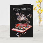 スピードダイヤル上の消防車、誕生日 カード (黄色い花)