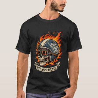 スピードデーモンレース オア ダイ フレイムド スカル バイカー ヘルメット Tシャツ
