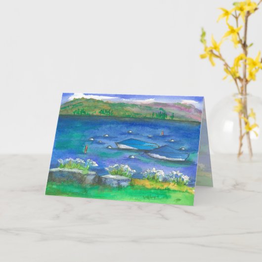 スピードボートマウンテンレイクウォーターカラーハッピーバースデー カード (黄色い花)