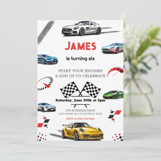 スピードモダンレーシングスポーツカー誕生日 招待状 (スタンド正面)