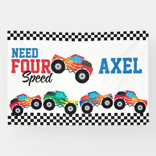 スピードモンスター四輪駆動車レース 4歳誕生日バナー 横断幕 (横)