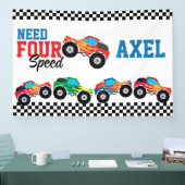 スピードモンスター四輪駆動車レース 4歳誕生日バナー 横断幕 (トレードショー)