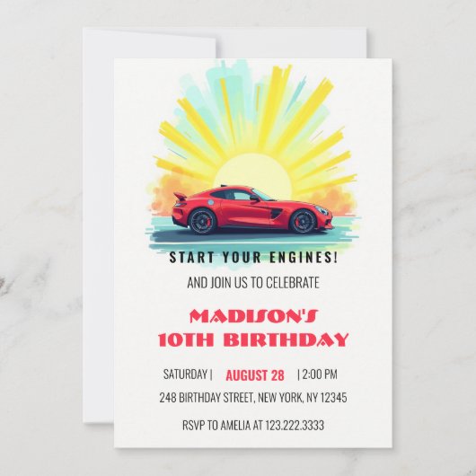 スピードレーシングモダンレッドスポーツカー誕生日 招待状 (正面)
