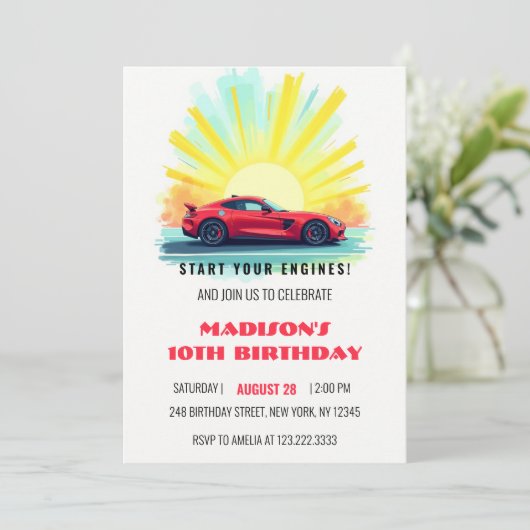 スピードレーシングモダンレッドスポーツカー誕生日 招待状 (スタンド正面)