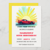 スピードレーシングモダンレッドスポーツカー誕生日 招待状 (正面/裏面)