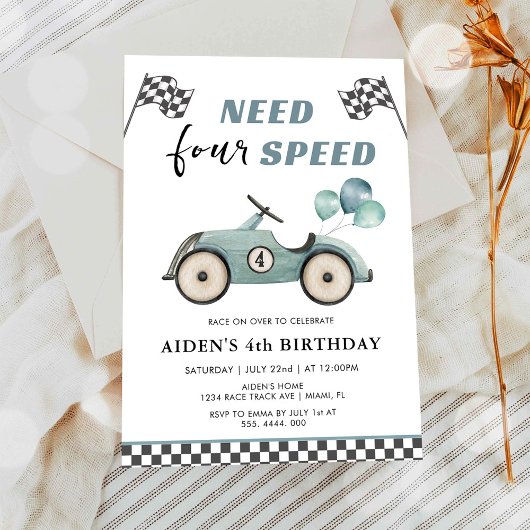 スピードレースカー4歳の誕生日おめでとう 招待状