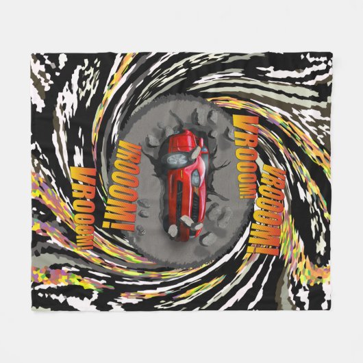 スピード違反のレッドスポーツカーが壁を突き破る フリースブランケット (正面(横))