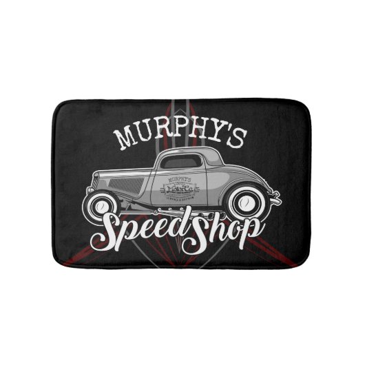 スピー改造ドショップ名前をカスタムするピンストリペスガレージ バスマット (正面)