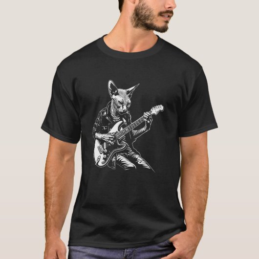 スフィンクスのパパ ママのための猫ギタリスト ギター Tシャツ (正面)
