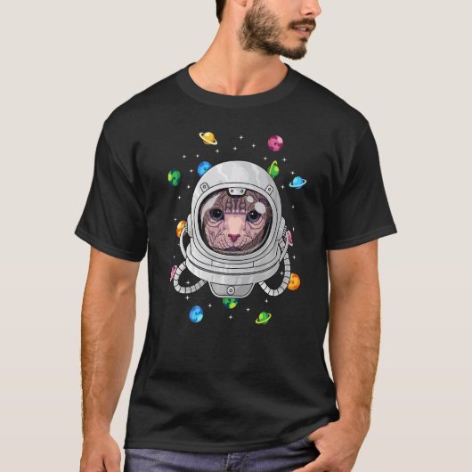 スフィンクスの宇宙飛行士猫、宇宙の深宇宙 Tシャツ (正面)