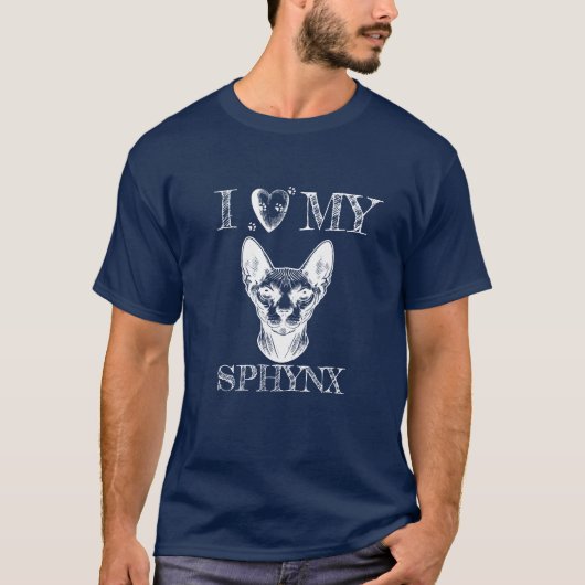 スフィンクスの愛猫と白い肉球の足跡のダークデザイン Tシャツ (正面)