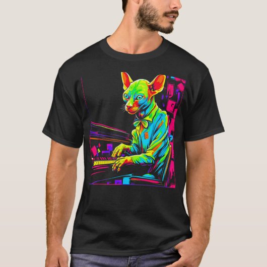 スフィンクスの無毛猫 ピアノ Tシャツ (正面)